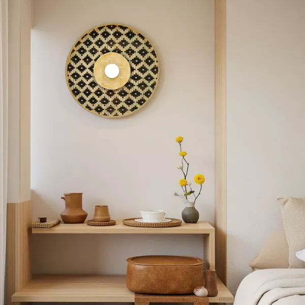 Wandlamp met bamboe dambordpatroon (D50 cm) Marioka Zwart en natuurlijk