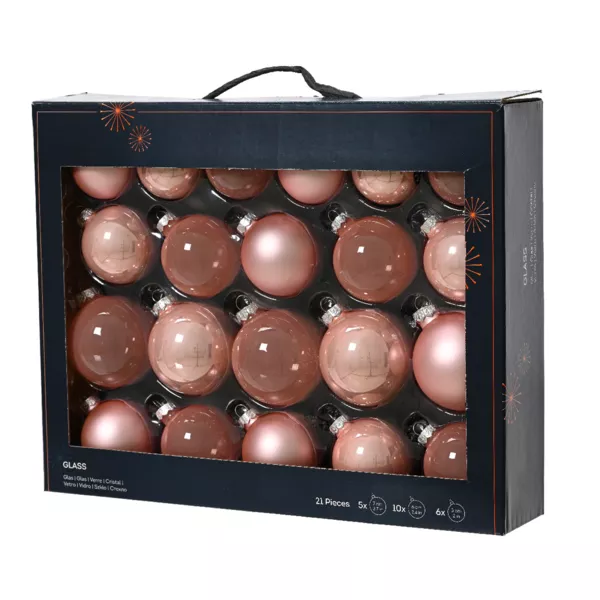Set van 21 assortiment Kerstballen van glas in Gepoederd Roze Kristal