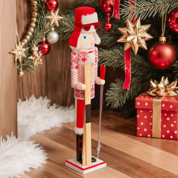 Houten notenkraker (H60 cm) Henri op ski's Rood en wit