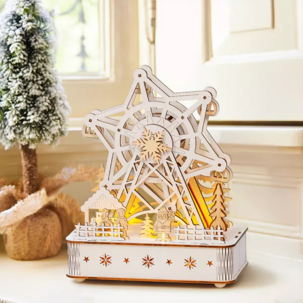 Pueblo de Navidad de madera luminoso y musical a pilas (20 x 24 cm) Noria grande
