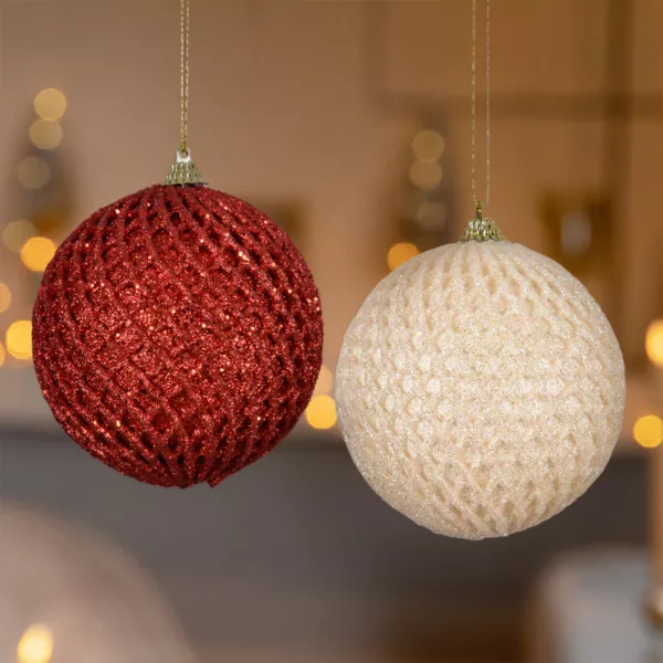 Set von 12 Weihnachtskugeln (D100 mm) Karos und Glitzer Rot und Perlwei