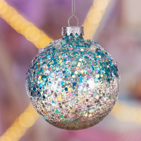 Set von 3 Weihnachtskugeln aus Glas (D80 mm) Glitzernd Blau