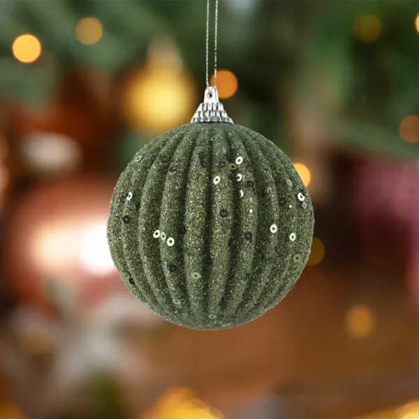 Set von 12 Weihnachtskugeln (D80 mm) Strass Glitzer Rosmaringrün