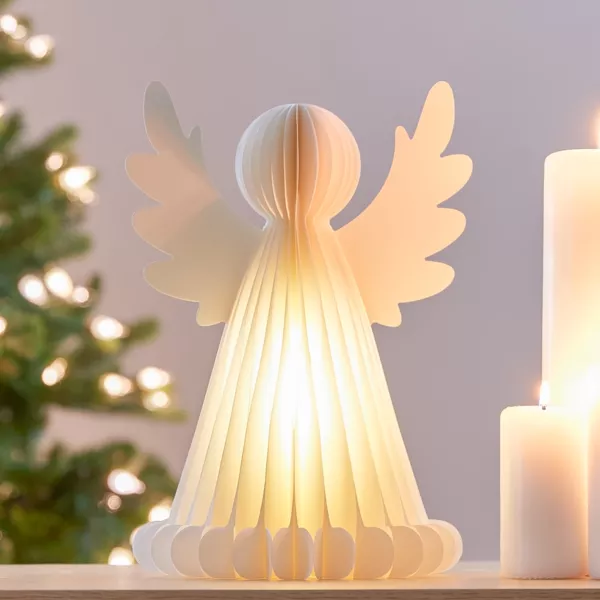 Ange lumineux à piles 6 LED (H28 cm) Papier fermeture magnétique Blanc