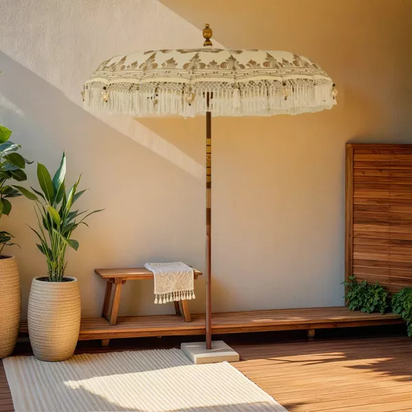 Parasol de jardin rond � franges (D2 m) Jaipur Cr�me et dorure