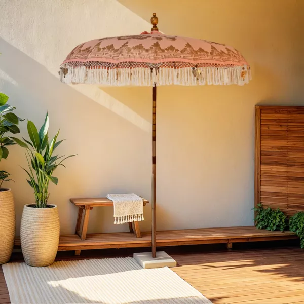 Ombrellone da giardino rotondo con frange (D2 m) Jaipur Beige rosé e dorature