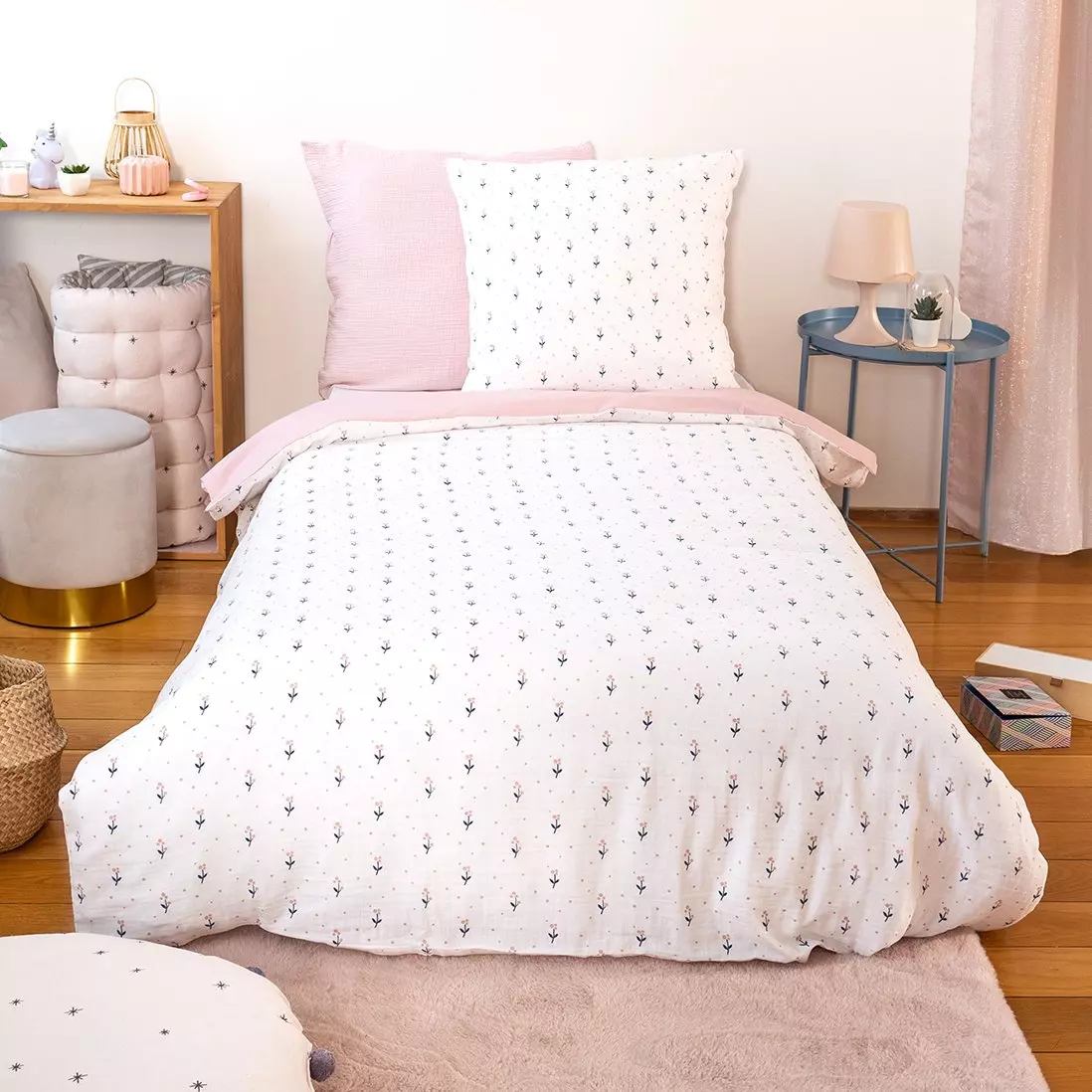 Housse De Couette Enfant Reversible - 90x190 Cm + 1 Taie - Microfibre Douce, Motif Raton Laveur & Roses - 2