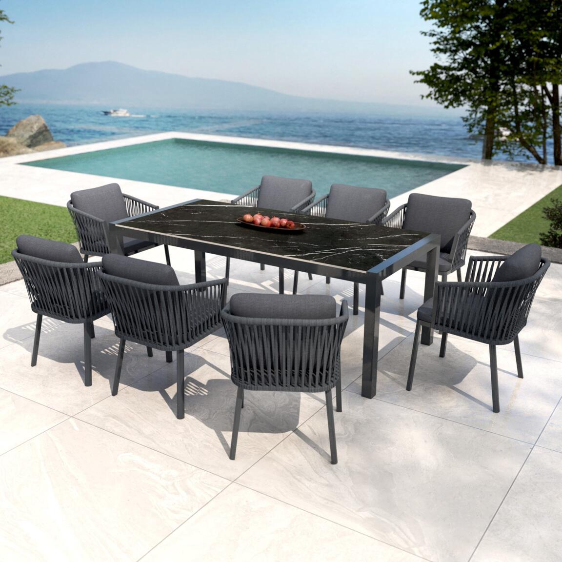 Tavolo da giardino 8 posti Alluminio/Ceramica Modena (180 x 90 cm) - Grigio  antracite/Nero effetto marmo - Salotto da giardino, tavoli e sedie - Eminza