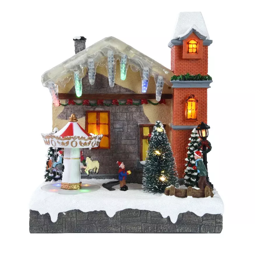 Maison De Village De Noël Musicale Et Illuminée - Avec Train Et Arbres, Dimensions 13x12x14 Cm, Alimentation Par Piles