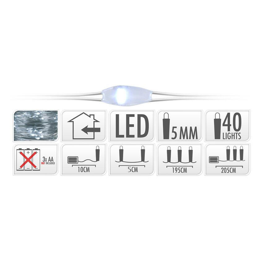 Micro-LED Lichterkette 2 m Kaltweiß 40 LEDs Batteriebetrieben CA