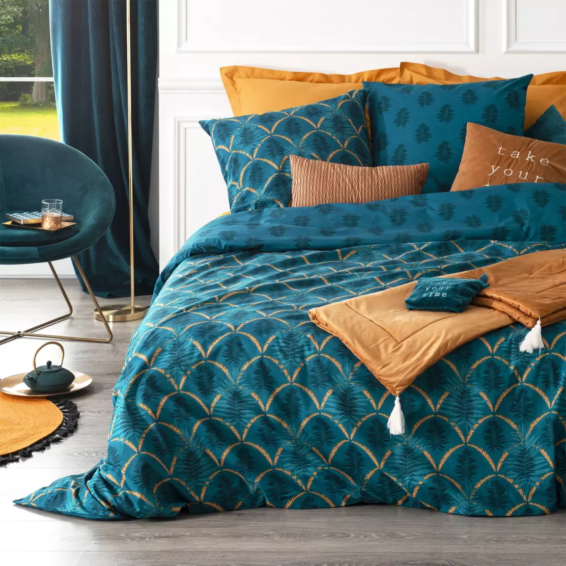 Funda Nordica y dos fundas para almohadon en algodon 240 cm Art D Azul Trullo Ropa de cama Eminza