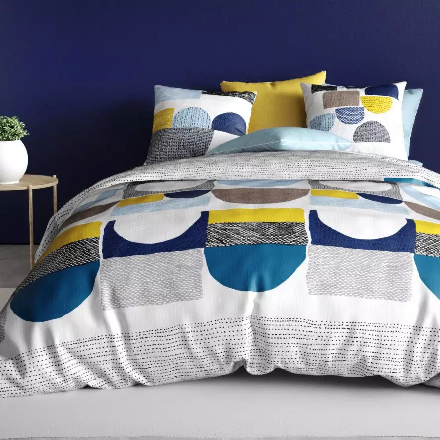 Set Copripiumino Geometrico Blu Giallo - Microfibra, Super King 260x220 Cm, Con 2 Federe, Design Moderno Per Ragazzi