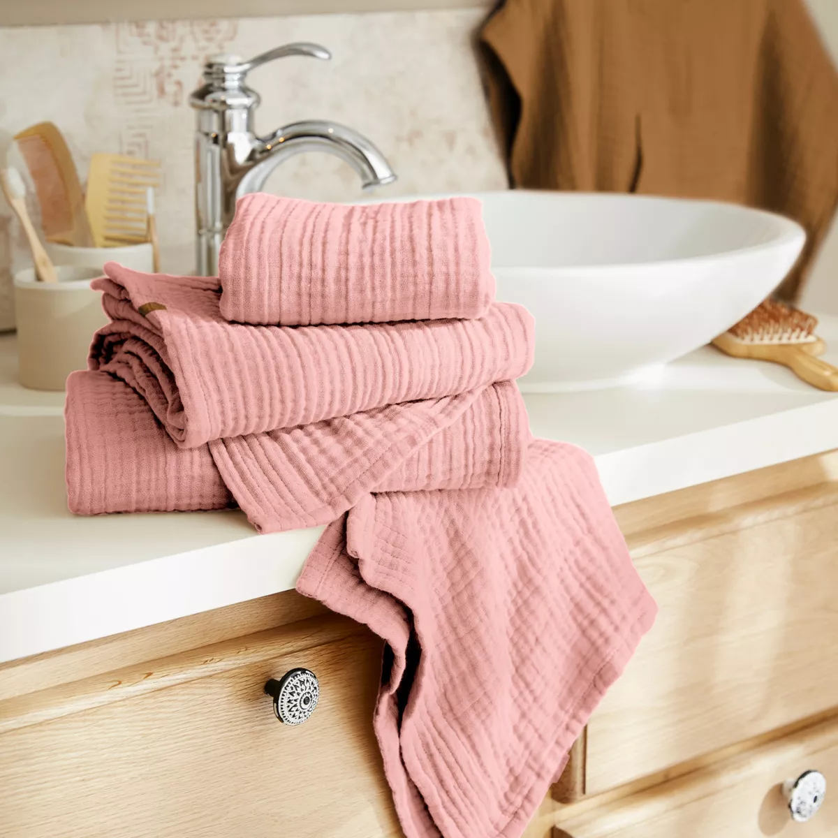 Serviette De Bain En Gaze De Coton 70x130 Cm - Tissage Serré 220 G/m², Douce Et Absorbante - Coloris Romarin