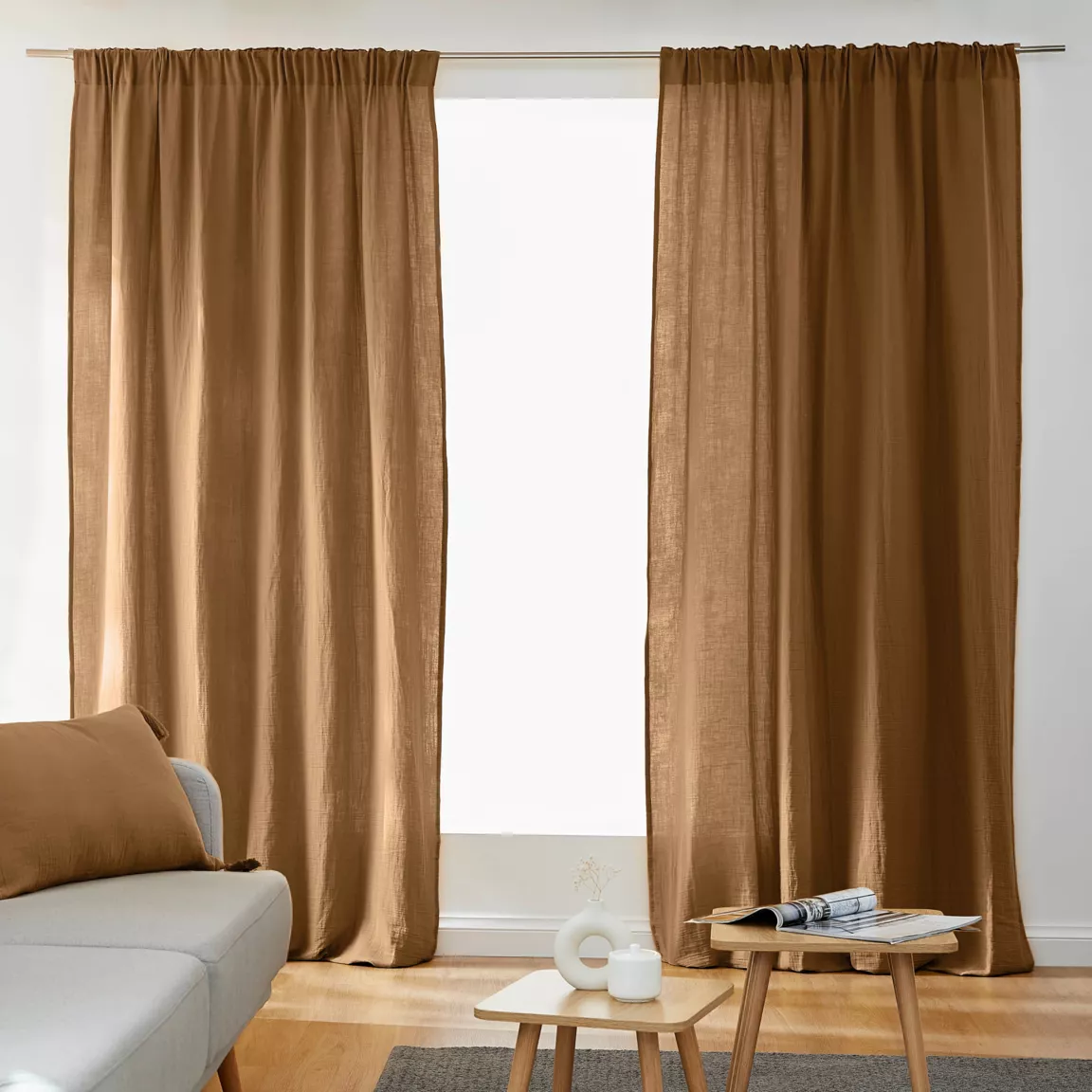 Rideau gaze de coton galon fronceur (140 x 240 cm) Gaïa Camel