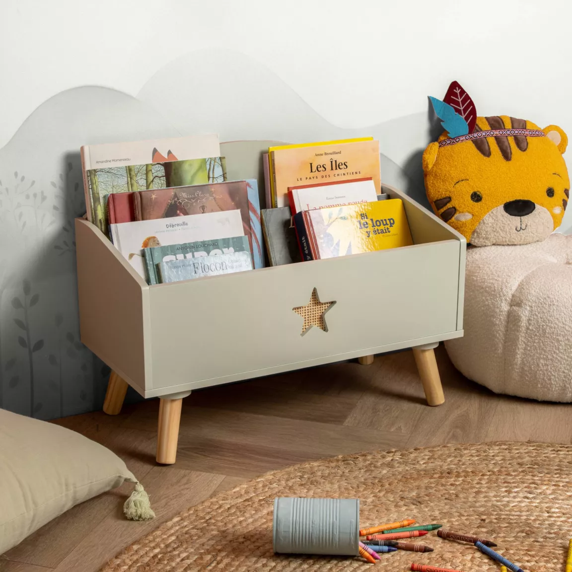 Coffre à jouet ouvert enfant bois (H44 cm) Stars Vert