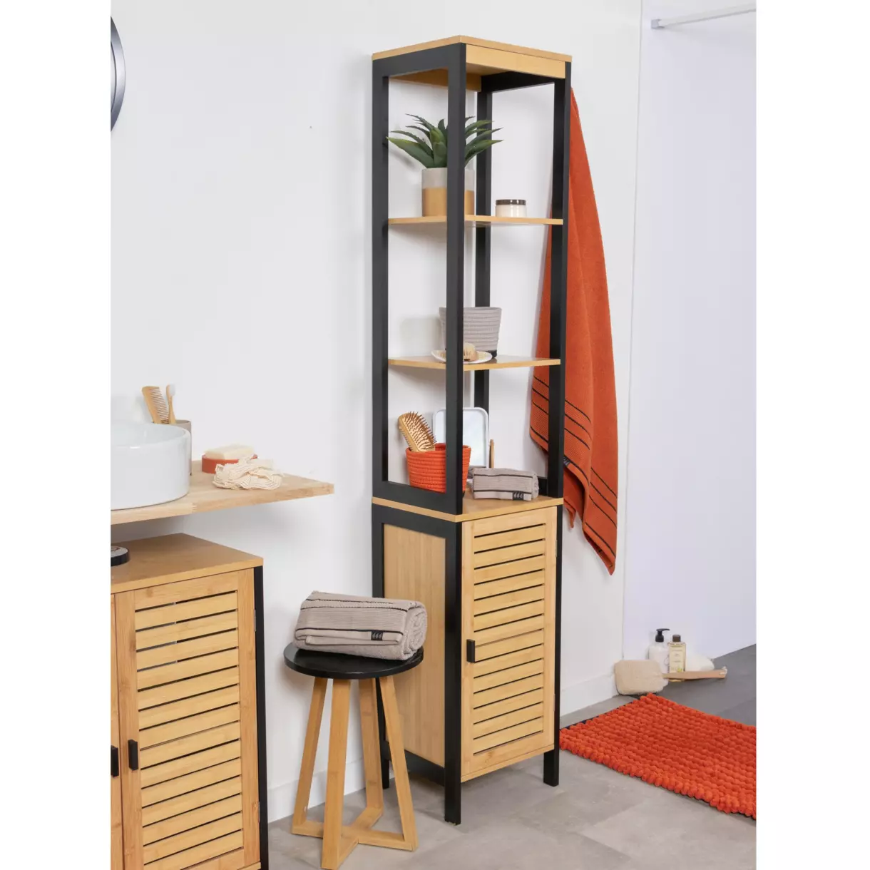 Meuble colonne salle de bain Cebu Noir/Bois 1