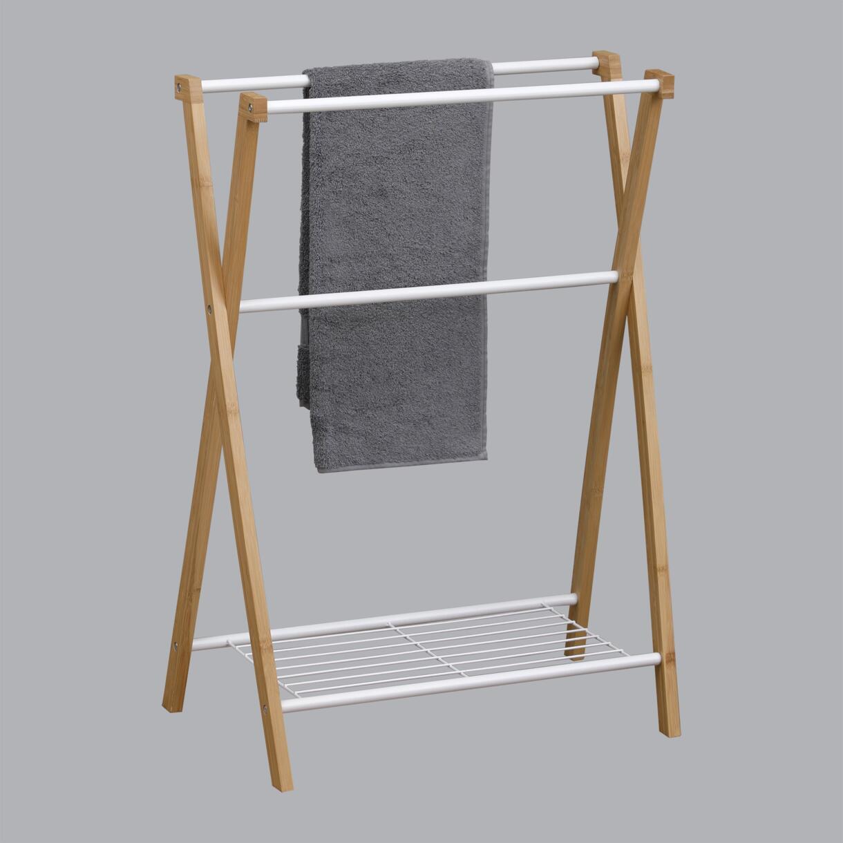 Handtuchhalter mit 3 Stangen & einer Ablageebene Bambou Weiß 1
