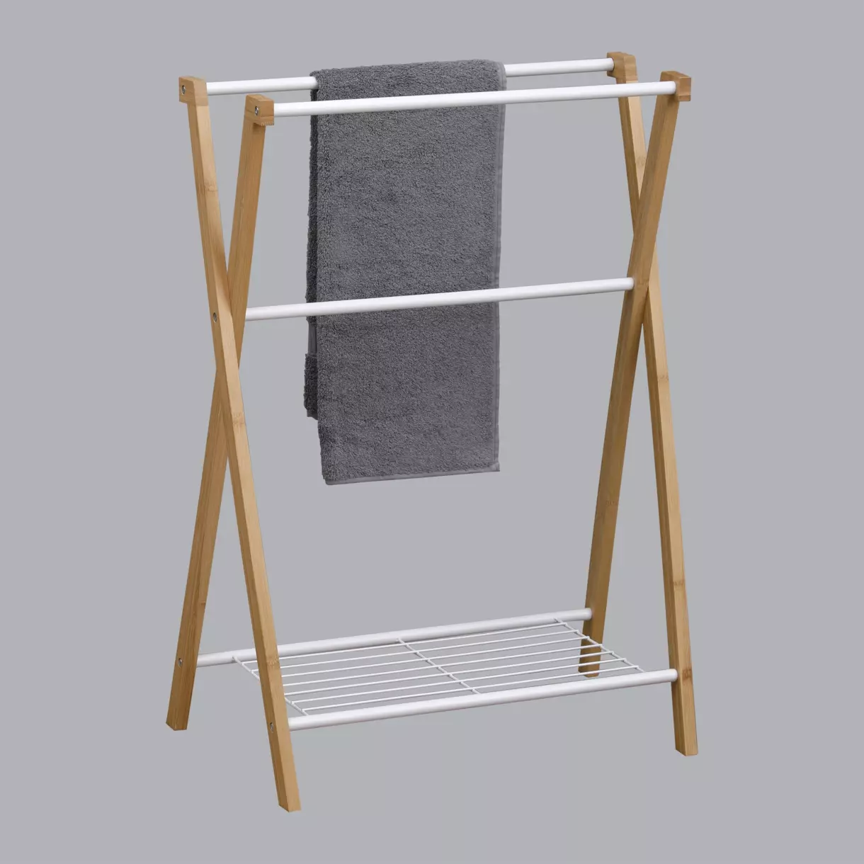 eminza Porte serviette 3 barres + 1 étagère (H86 cm) Bambou Blanc
