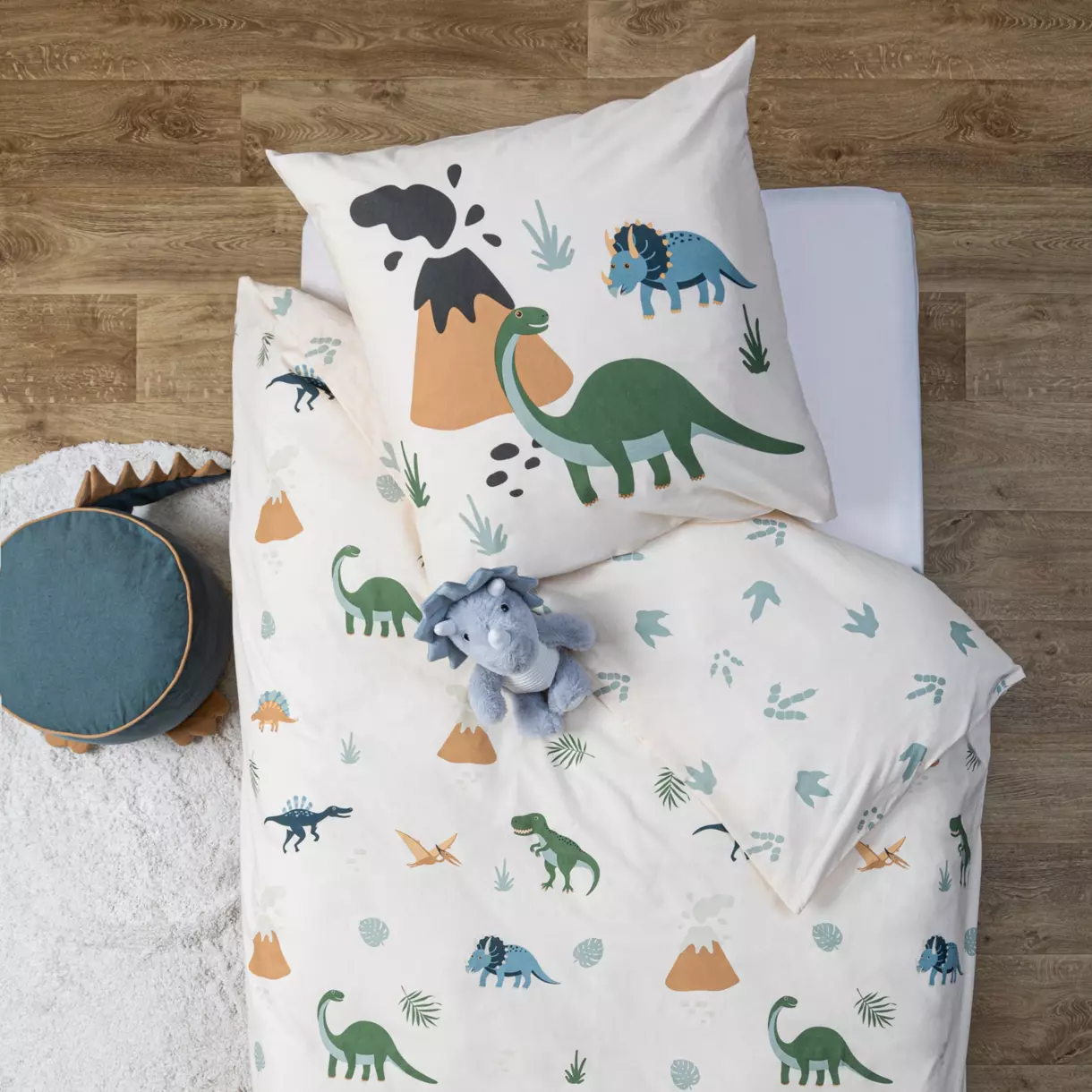 Funda nórdica y una funda Infantil algodón (140 cm) Dino Verde