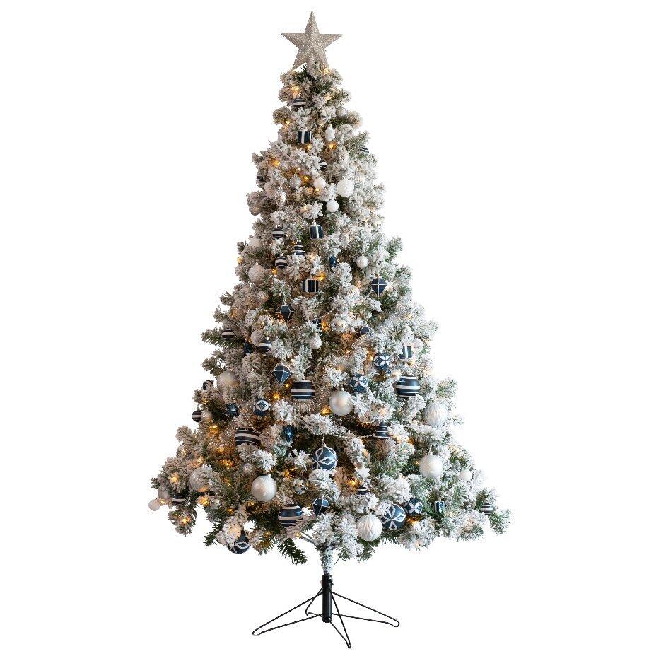 Verlichte kunstkerstboom en met kerstboomversiering Royal H180 cm besneeuwd groen 1