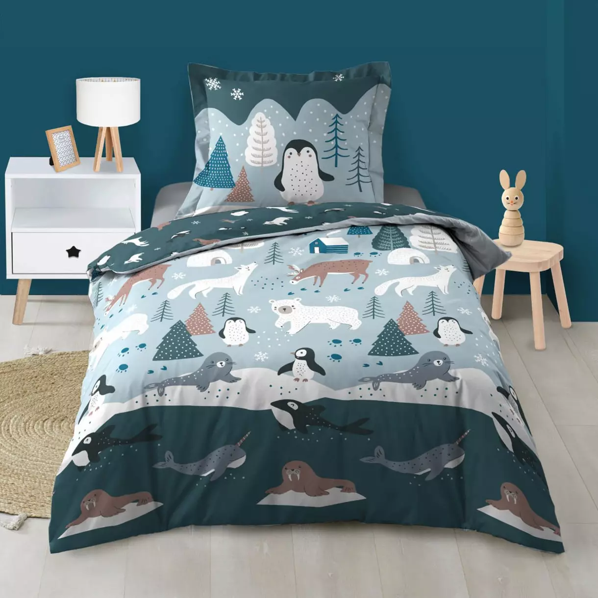 Housse de couette et une taie enfant coton (140 cm) Banquise Bleue 1