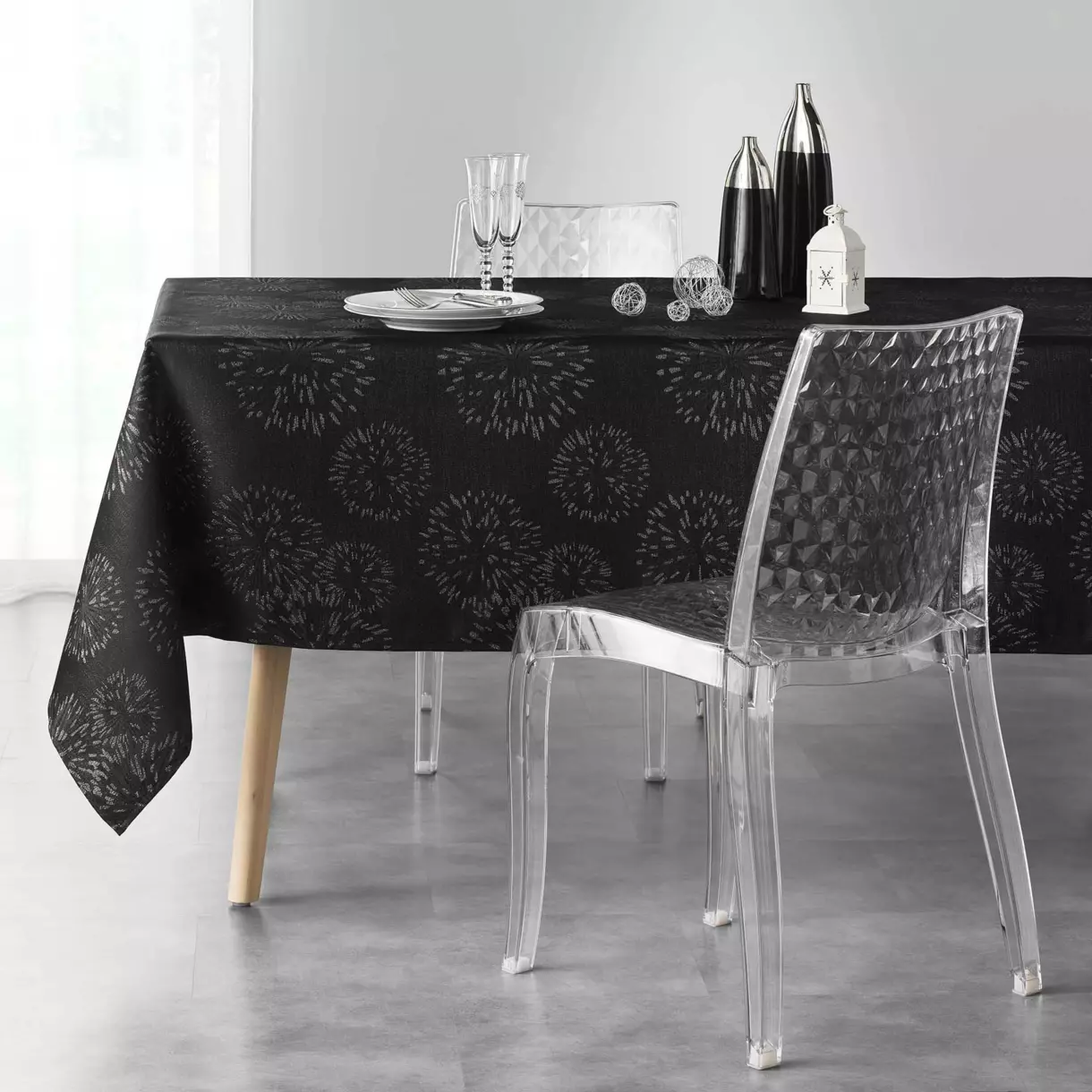 Mantel rectangular (W300 cm) Artifice Negro y plata 1