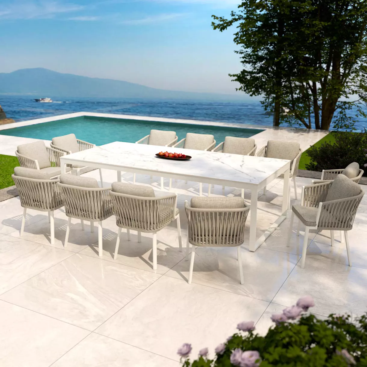 Table de jardin 12 places Aluminium/Céramique Kore (260 x 120 cm) - Blanc/Blanc marbré 1