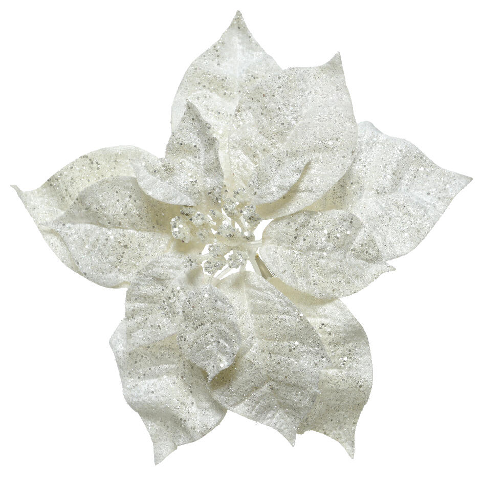 Poinsettia de Navidad brillante Glit (26 cm) con clip Blanco 1