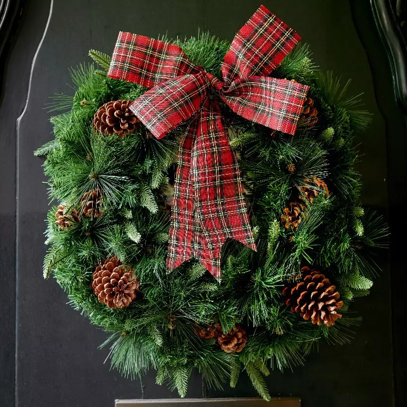 Couronne de Noël décoré Noeud tartan D50 cm 1