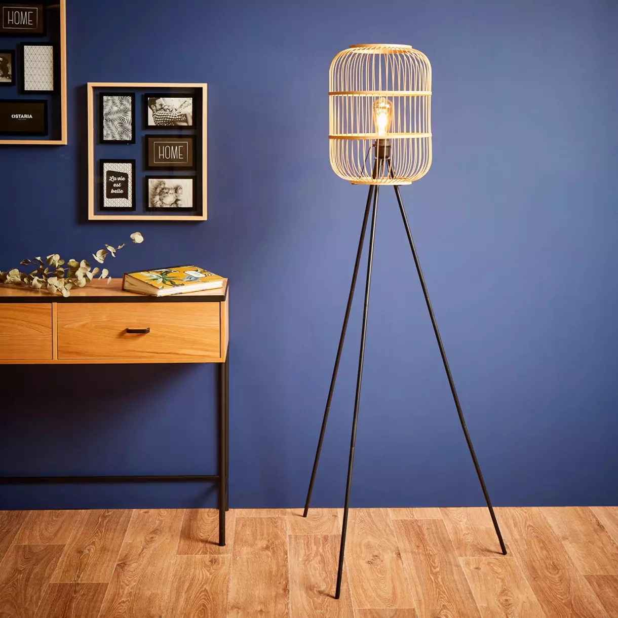 Bamboe tripod vloerlamp (H152 cm) Hanoi Beige