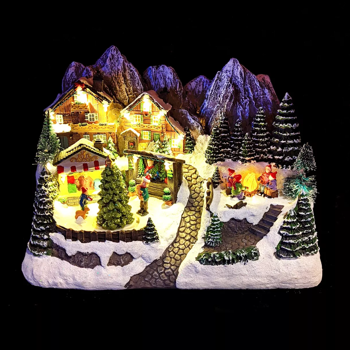 Scène de vie illuminée et musicale village enneigé 2
