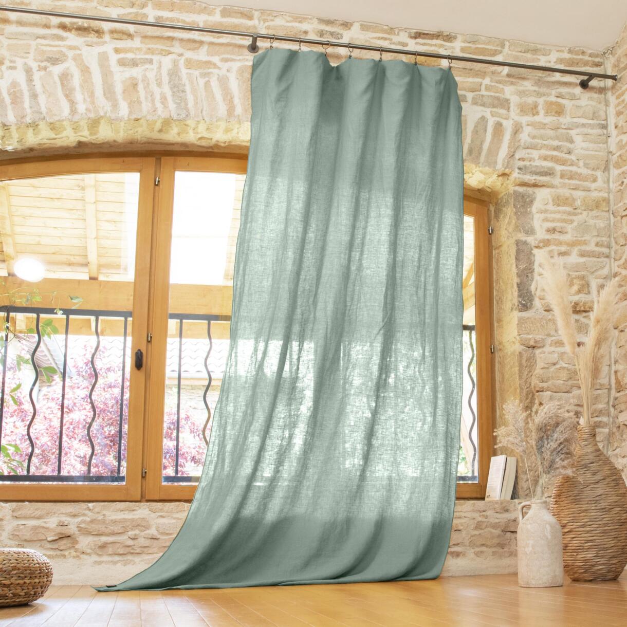 Cortina en lino lavado ajustable (140 x max 270 cm) Louise Vert eucalyptus 1