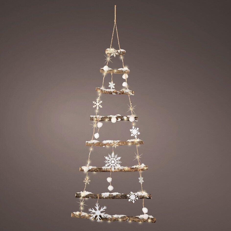 Kerstboom van hout met sneeuw en sneeuwvlokken (batterij) hangdecoratie Warm wit 1