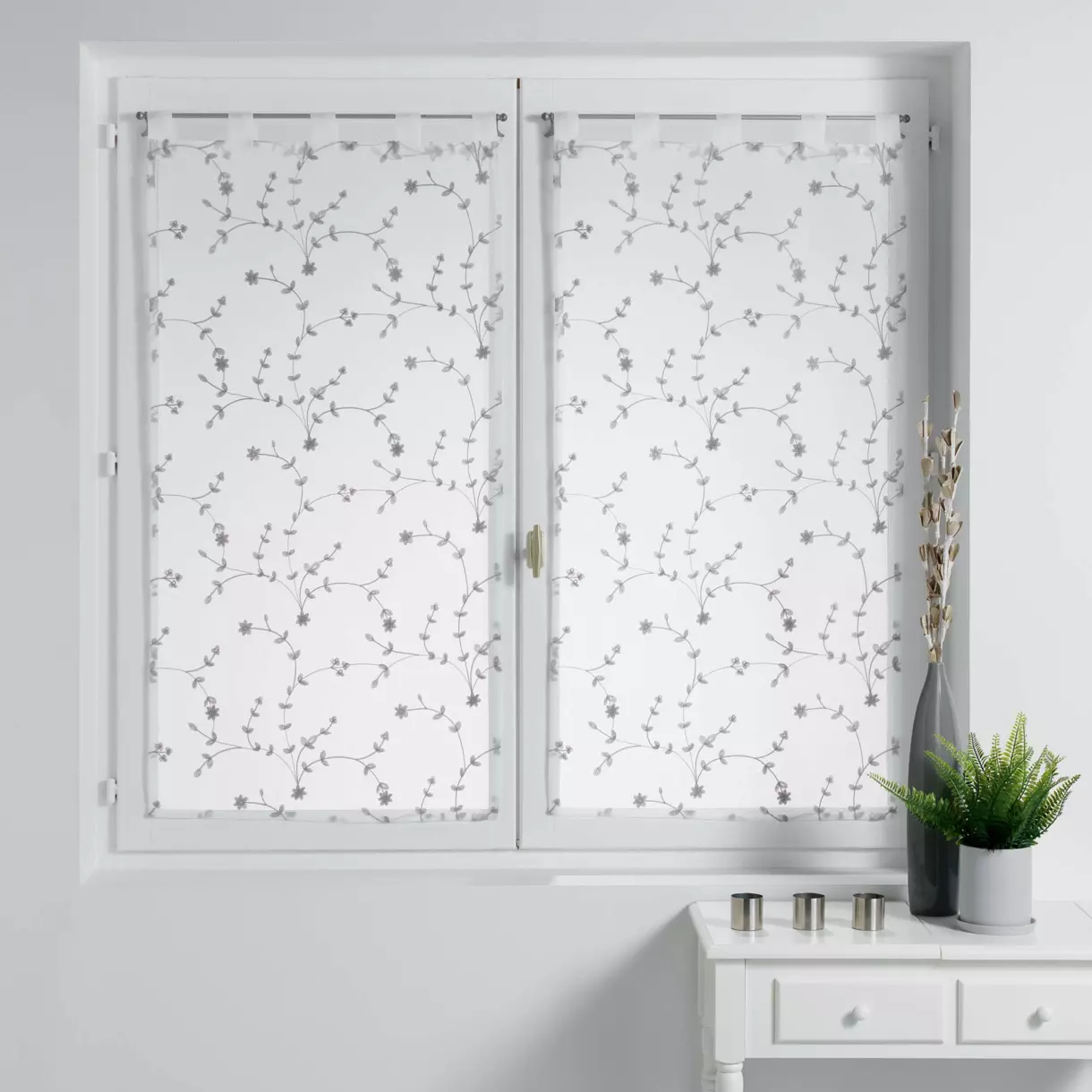 Par de visillos (60 x 120 cm) Florecita Blanco y gris 1