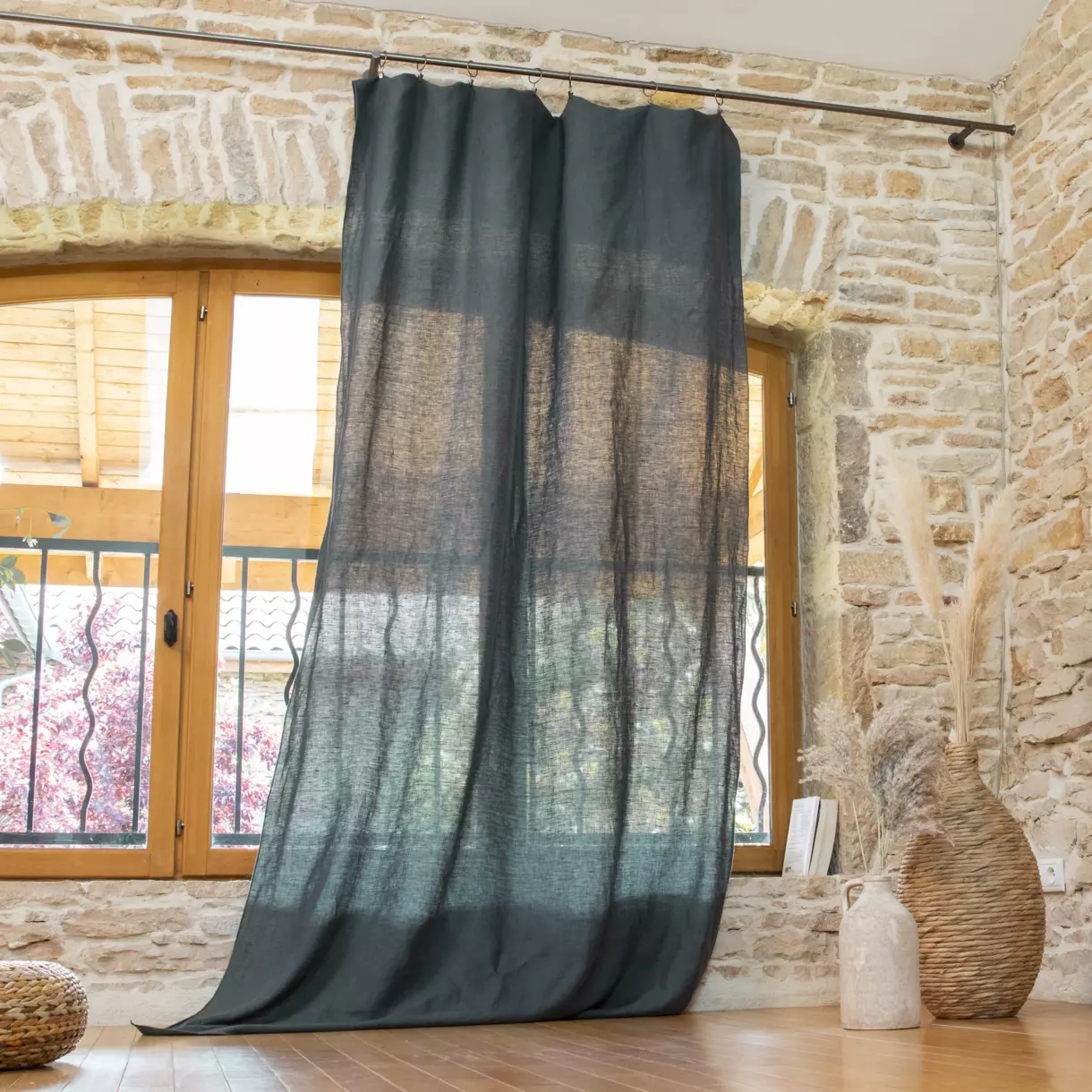 Cortina en lino lavado ajustable (140 x máx. 270 cm) Louise Gris pizarra  1
