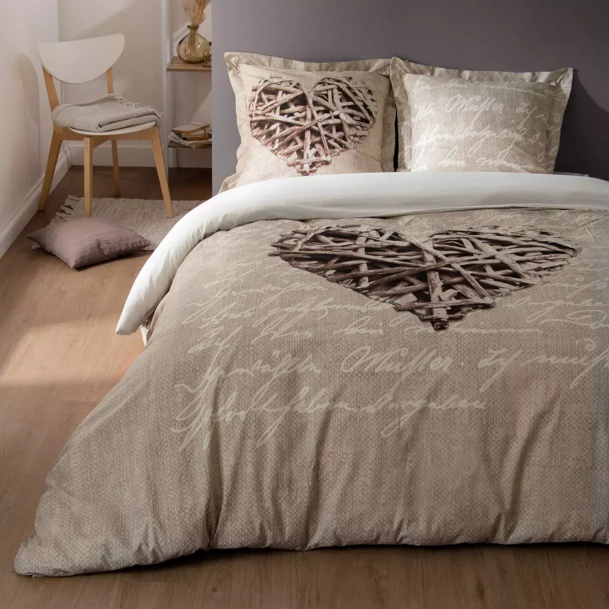Housse de couette et deux taies coton (260 cm) Woodlove Beige 1