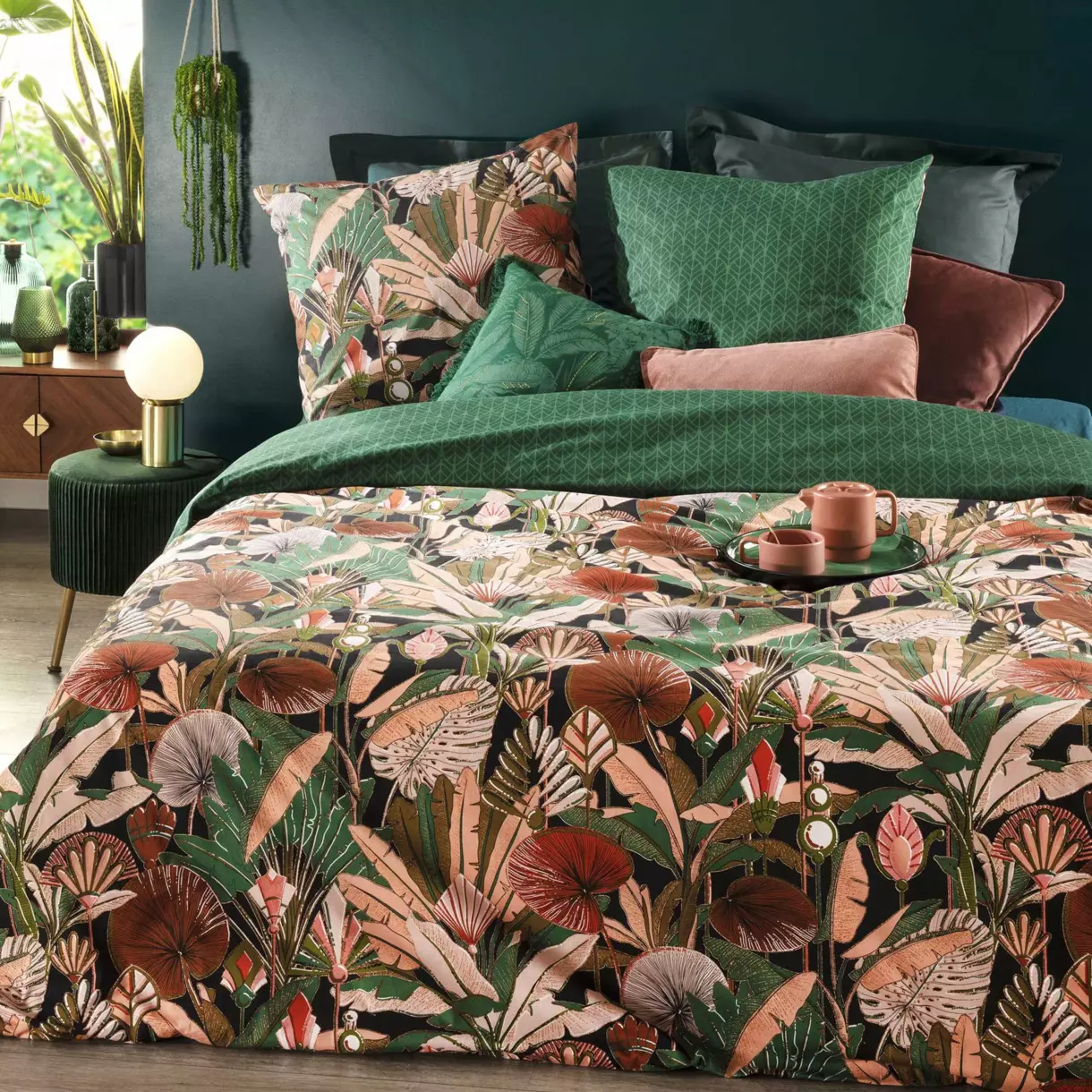 Housse de couette et deux taies coton (240 cm) Forêt Art Verte 1