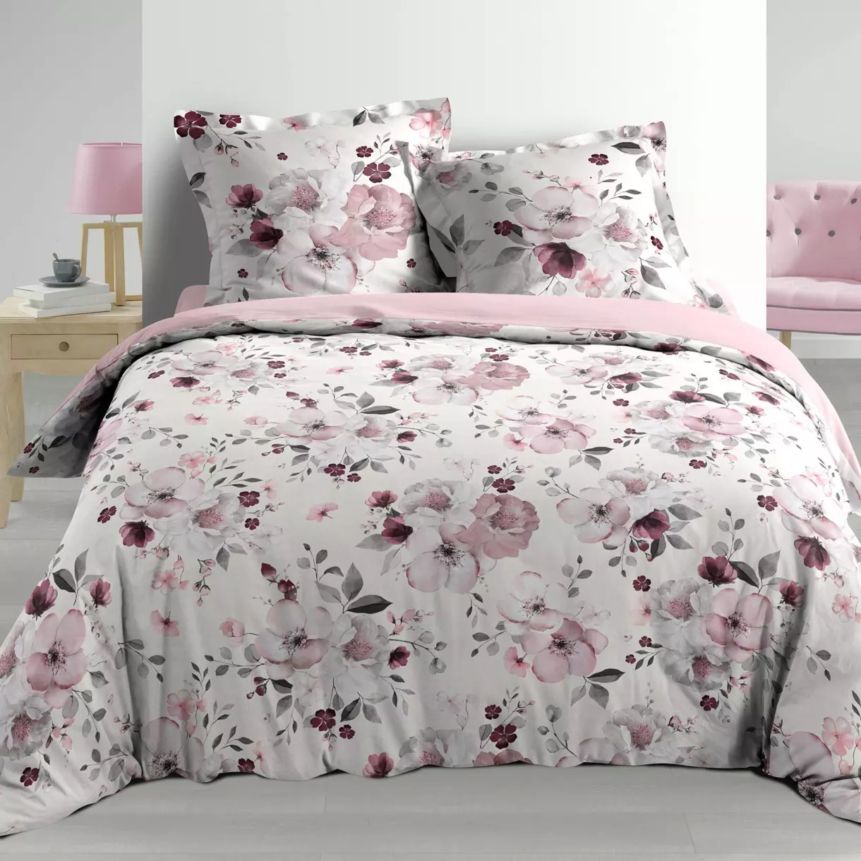 Housse de couette et deux taies percale de coton (260 cm) Velvet Flower Blanche 1