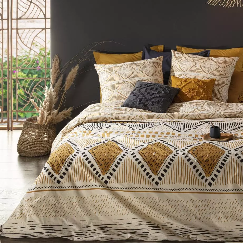 Funda Nórdica y dos fundas para almohadón en algodón (260 cm) Ray Kilim Amarillo ocre 1
