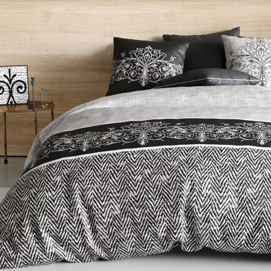 Housse de couette et deux taies coton (260 cm) Tayla Noire 1