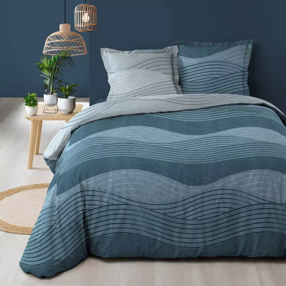 Funda nórdica y dos fundas para almohadones en algodón (260 cm) Pampelonne Azul 1
