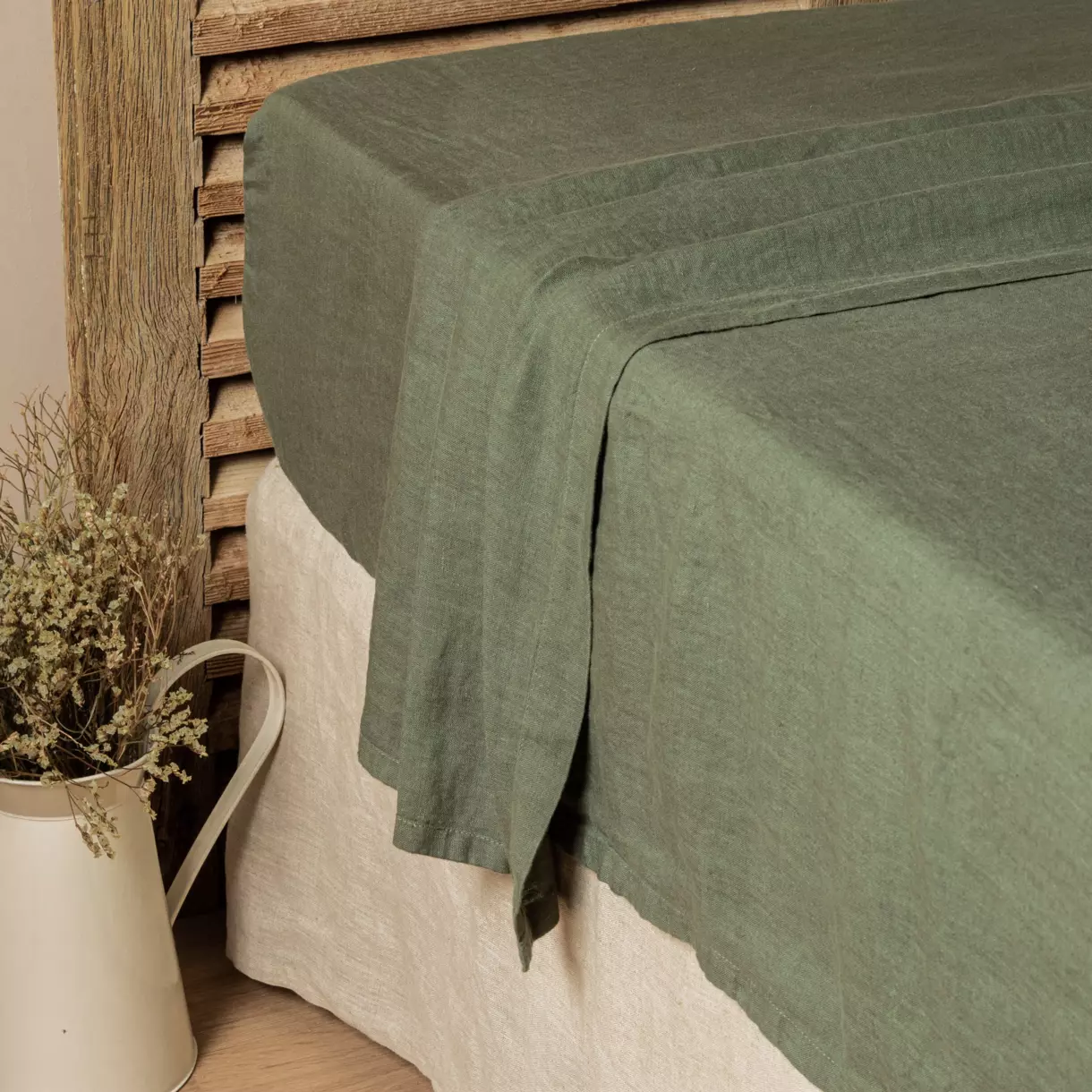 Drap plat lin lavé (240 cm) Louise Vert romarin 1
