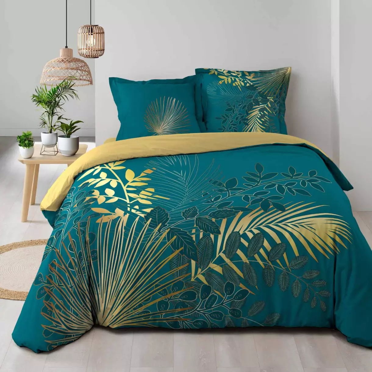 Housse de couette et deux taies coton (240 cm) Strassy Bleu canard 1