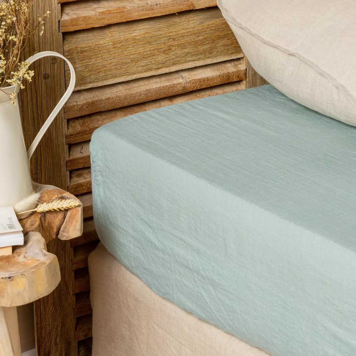Drap housse lin lavé (180 cm) Louise Vert eucalyptus 1