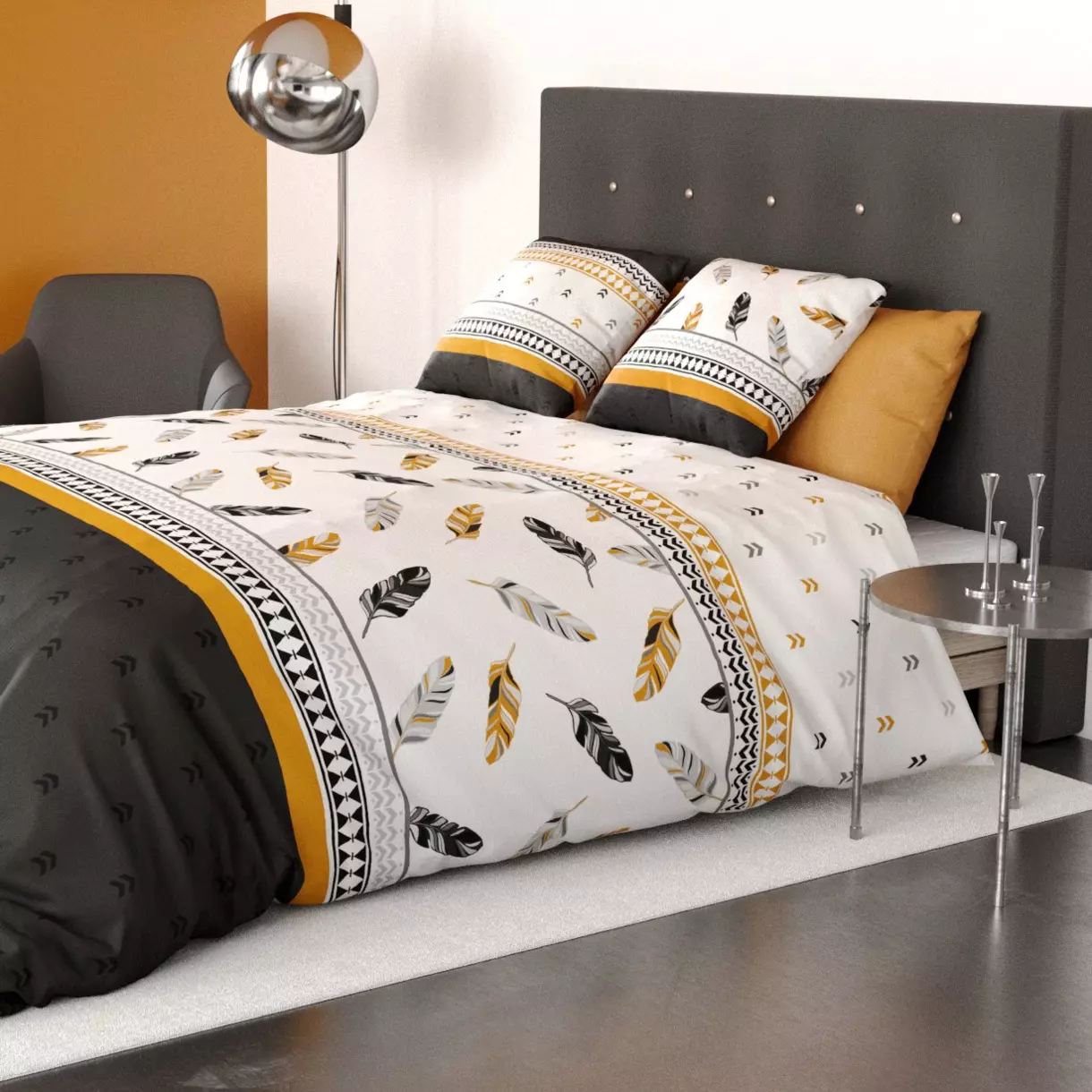 Funda nórdica y dos fundas para almohadones algodón (260 cm) Plume Amarillo ocre 1
