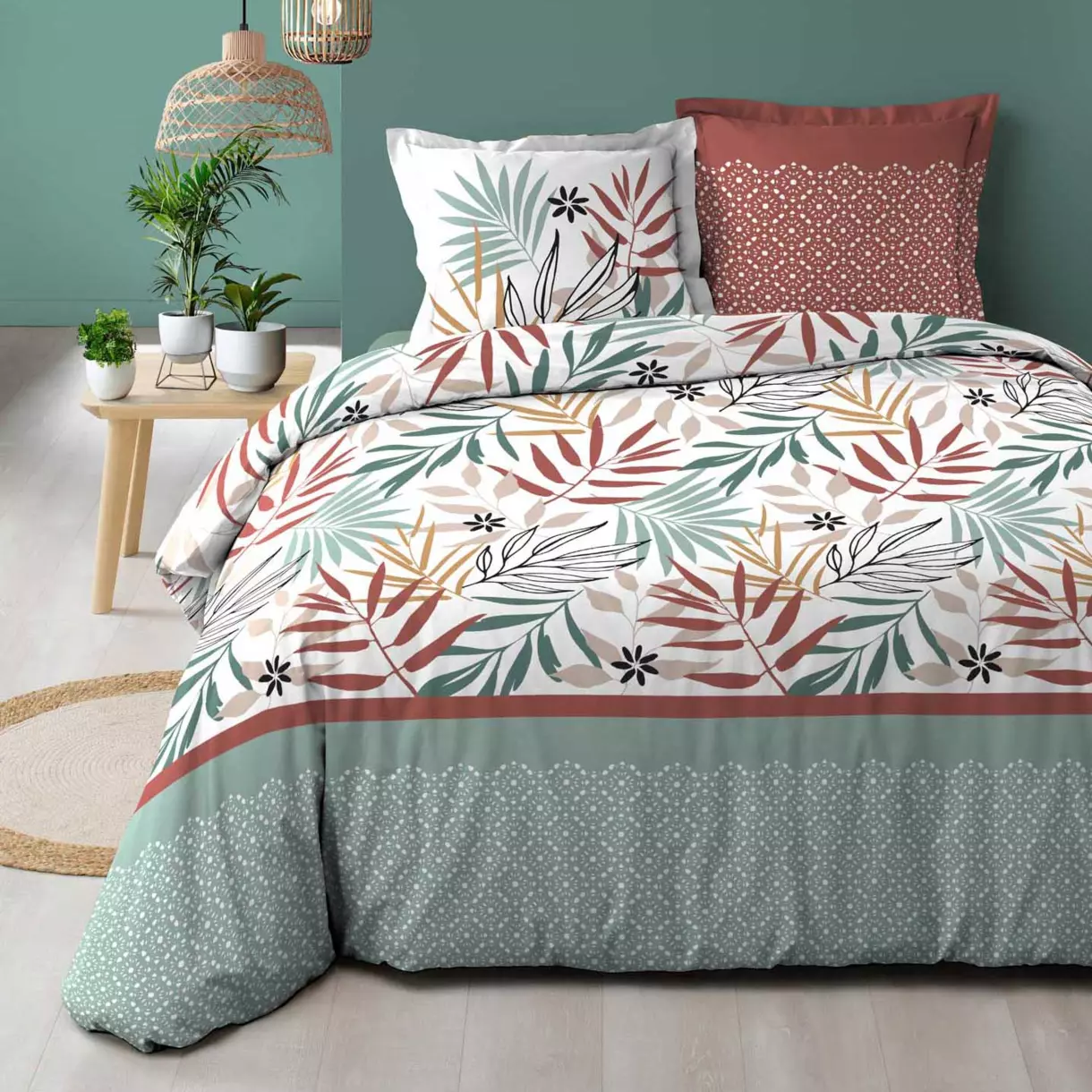 Funda nórdica y dos fundas para almohadones en algodón (240 cm) Melvina Verde 1