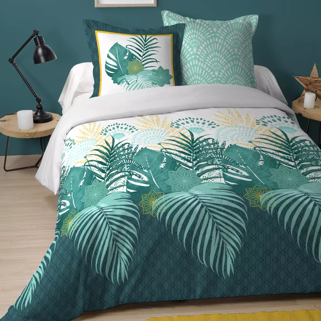 Housse de couette et deux taies coton (260 cm) Longbeach Bleue 1