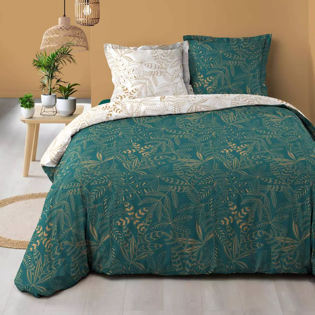 Funda Nórdica y dos fundas para almohadas algodón (260 cm) Belflor Verde esmeralda y dorado 1
