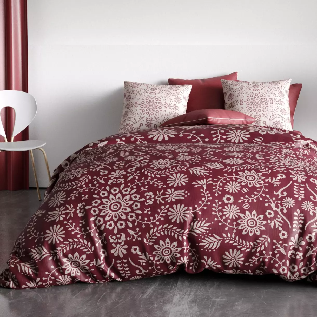 Funda nórdica y dos fundas de almohada en algodón orgánico (260 cm) Vishka Burdeos 1