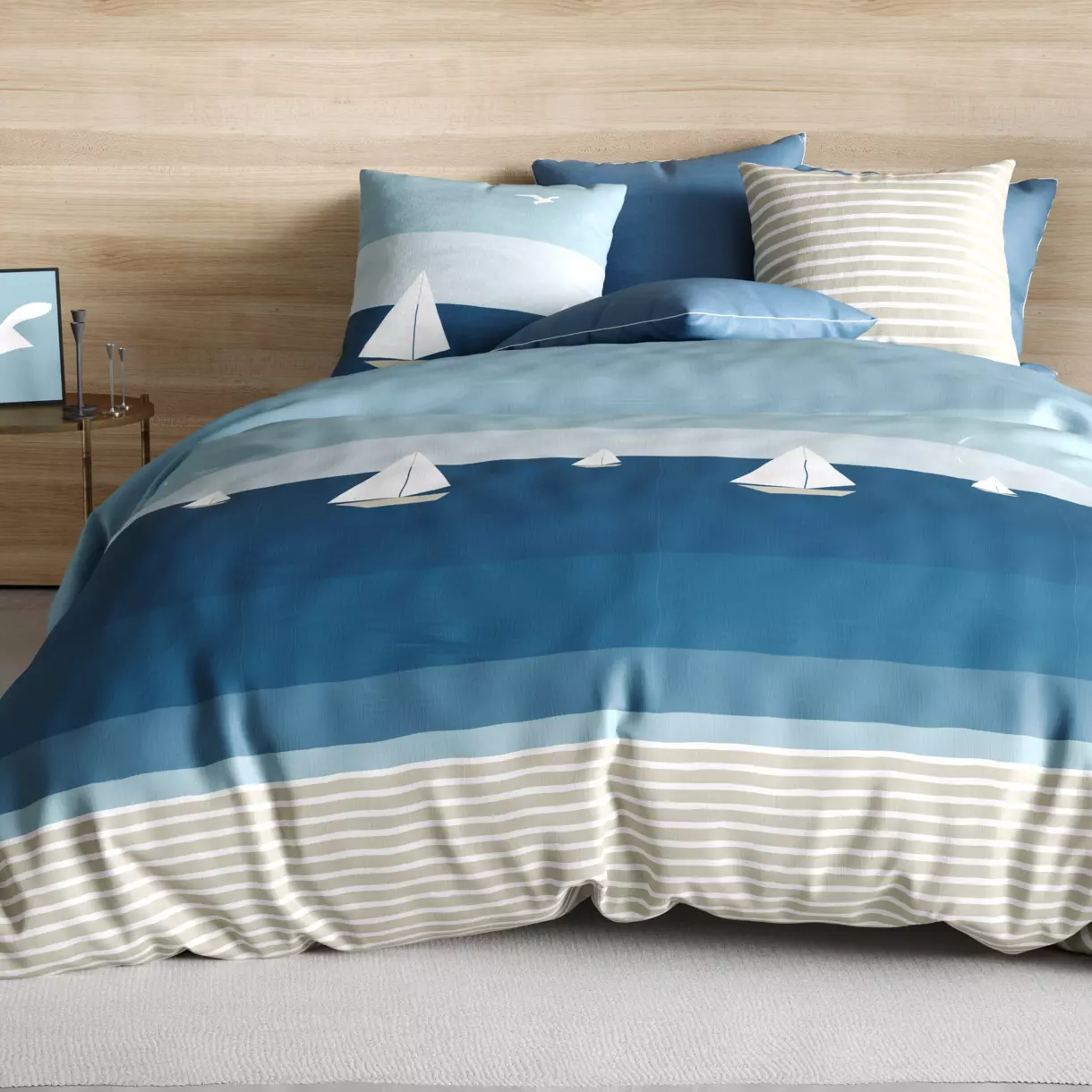 Housse de couette et deux taies coton (260 cm) Regate Bleue 1